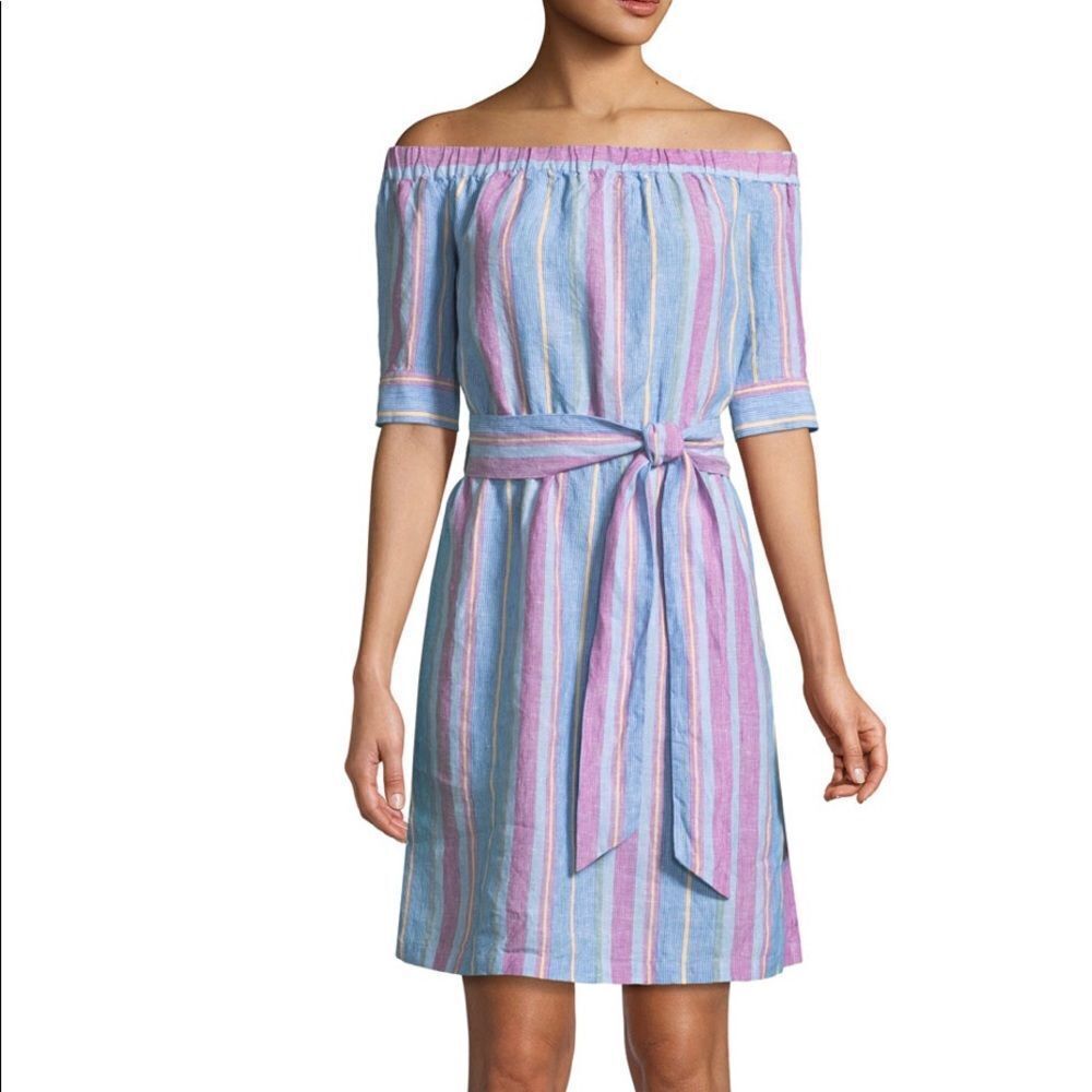 FRAME Off-the-Shoulder Striped Linen Dress‎